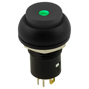Black alternate-action panel pushbutton with a green illuminated indicator