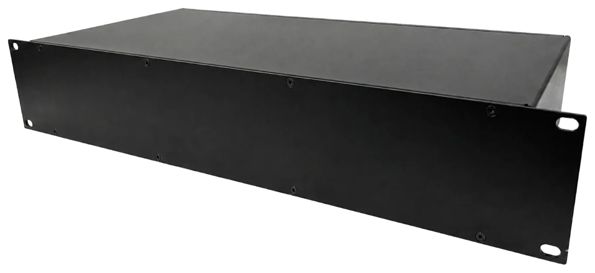 Black Redco CH2-10 two-unit rackmount enclosure before BoomDookie panel machining and graphics